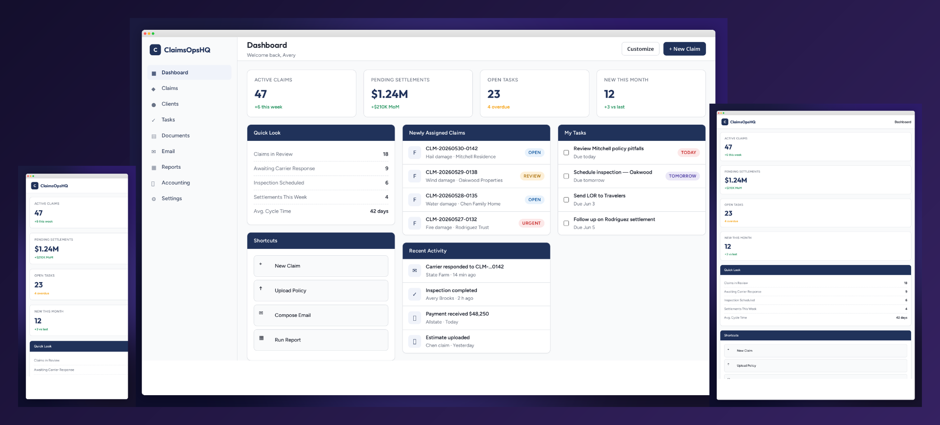 ClaimsOpsHQ dashboard with active claims, settlements pending, and live activity feed across desktop and tablet